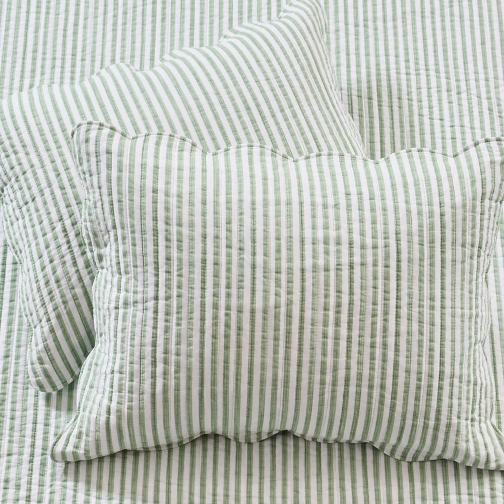 π PB Style Green & White Striped Cotton Quilt Coverlet Scalloped Trim Set NWT - Picture 5 of 7